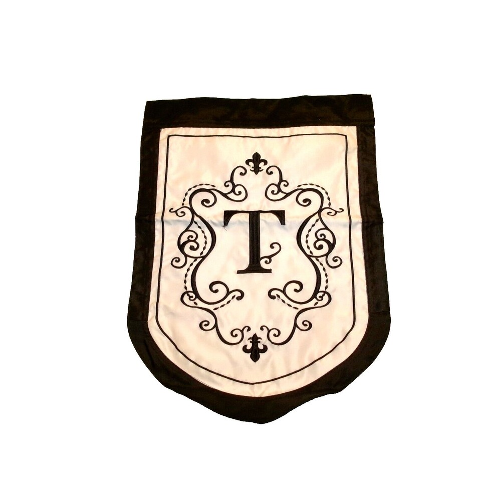 Evergreen Flag Monogram Letter T Embroidered Applique Beige & Black 12x17 inches